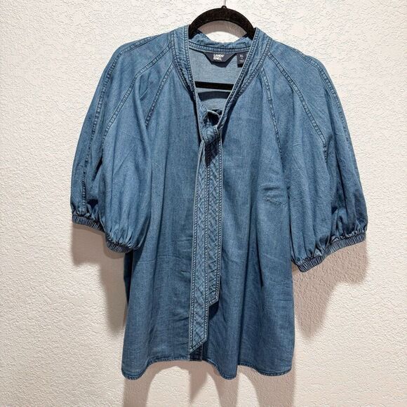 Lands End Denim Puff Sleeve Tie Front Top Women’s XL Medium Wash 100% Cotton - Picture 3 of 9
